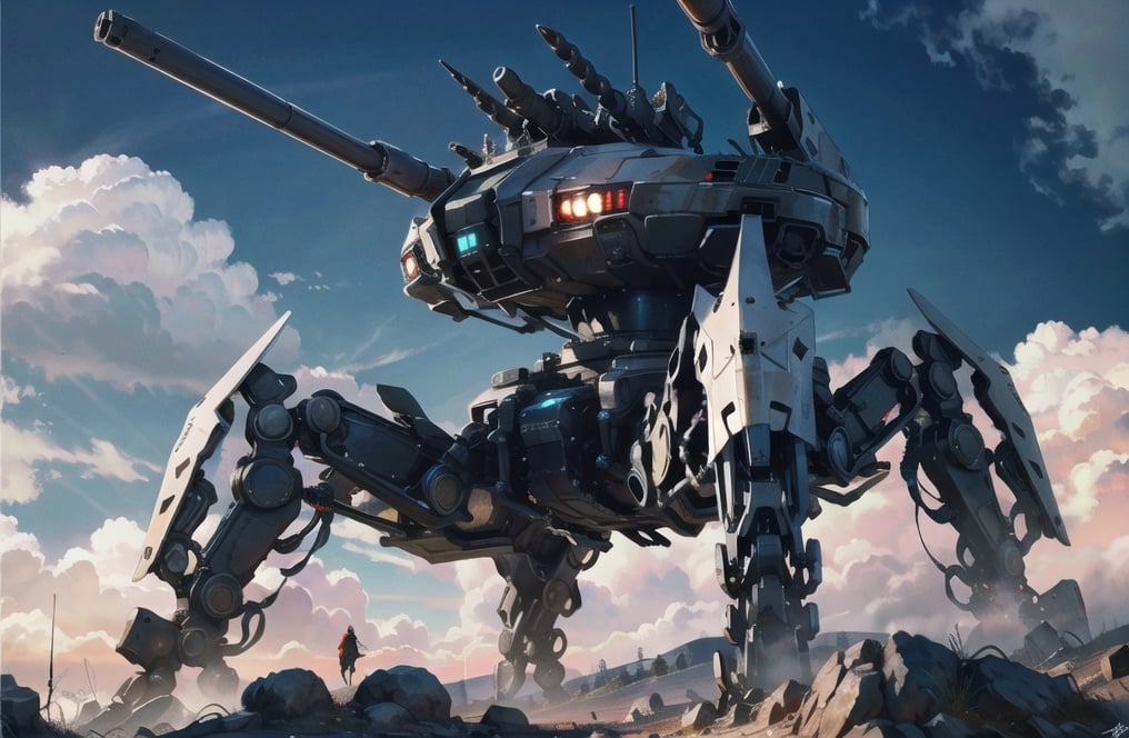 <lora:quadruped mechasV2:1>, 8k wallpaper, masterpiece,Cinematic Lighting, best quality,Illustration,detailed face depiction,dramatic angle,mecha \\\(flegs\\\), mecha,robot, science fiction, mecha, no humans, outdoors, cloud, sky, scenery, military, bird, non-humanoid robot, signature