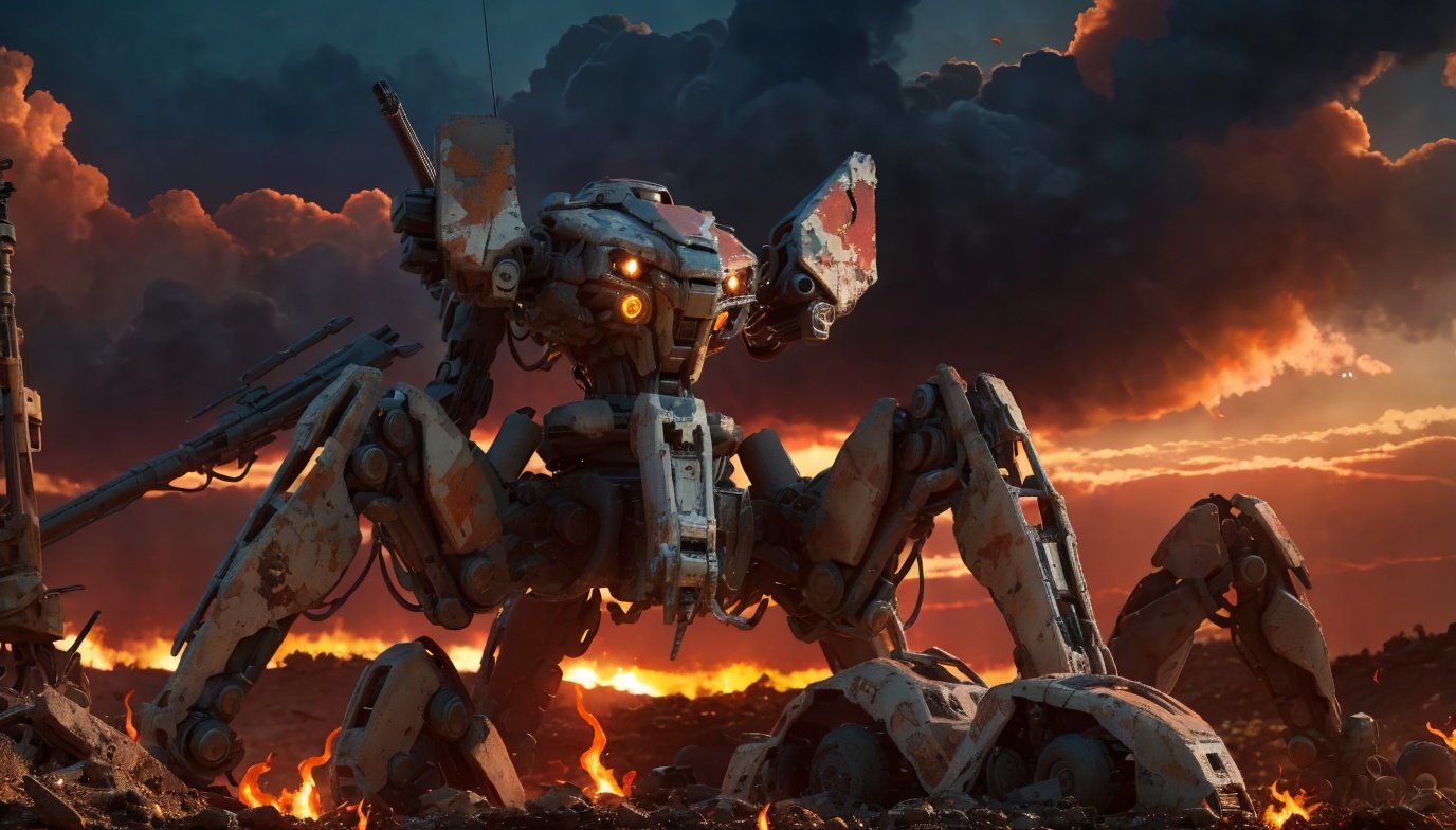 8k wallpaper, masterpiece,Cinematic Lighting, best quality,Illustration,detailed face depiction,dramatic angle,solo,mecha \\\(flegs\\\), 1980s \(style\),broken,old,broken parts,dirty,dusk, robot, mecha, no humans, science fiction, (realistic:1.2), weapon,sunset,fire cloud,orange theme,realistic, 