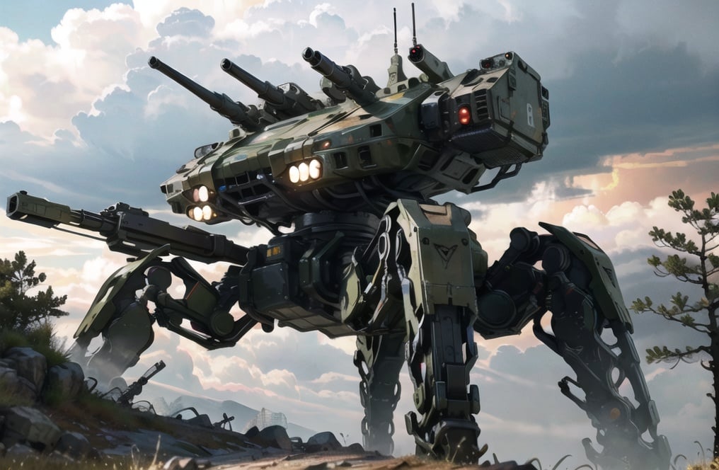 <lora:quadruped mechasV2:1>, 8k wallpaper, masterpiece,Cinematic Lighting, best quality,Illustration,detailed face depiction,dramatic angle,mecha \\\(flegs\\\), robot, no humans, mecha, cloud, tree, outdoors, science fiction, realistic, weapon, radio antenna, sky, cloudy sky, machinery, solo, military, gun, grass