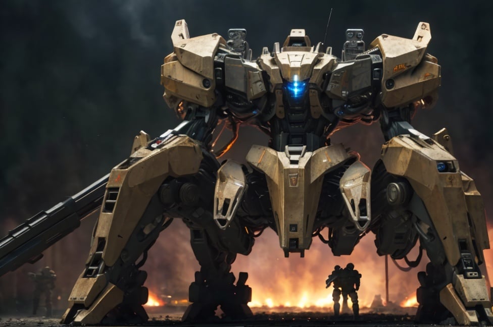 8k wallpaper, masterpiece,Cinematic Lighting, best quality,Illustration,detailed face depiction,dramatic angle,mecha \\\(flegs\\\), mecha,robot, weapon, gun, science fiction, holding, holding weapon, holding gun