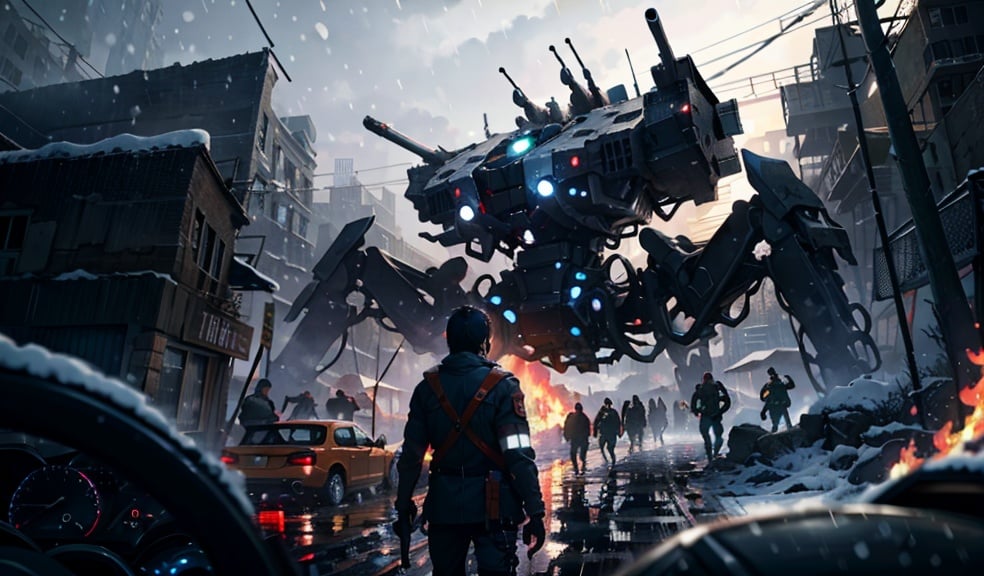 8k wallpaper, masterpiece,Cinematic Lighting, best quality,Illustration,detailed face depiction,dramatic angle,solo,mecha \\\(flegs\\\),  mecha,robot,rain,(birge:1.4),dark,night, outdoors, car, weapon, fire, people,science fiction, snowing, gun, 6+boys, city,