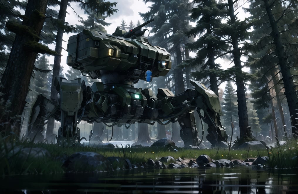 <lora:quadruped mechasV2:1>, 8k wallpaper, masterpiece,Cinematic Lighting, best quality,Illustration,detailed face depiction,dramatic angle,mecha \\\(flegs\\\), tree, nature, scenery, forest, outdoors, robot, grass, moss, water, ruins, mecha