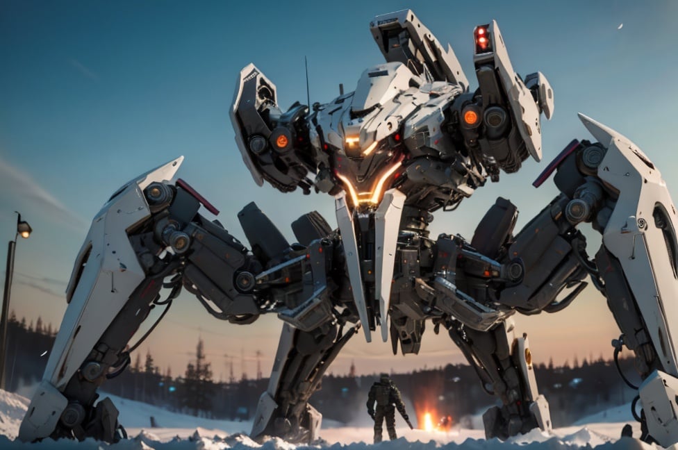 8k wallpaper, masterpiece,Cinematic Lighting, best quality,Illustration,detailed face depiction,dramatic angle,mecha \\\(flegs\\\), mecha,robot, no humans, science fiction, solo, snow, outdoors, standing, non-humanoid robot, weapon