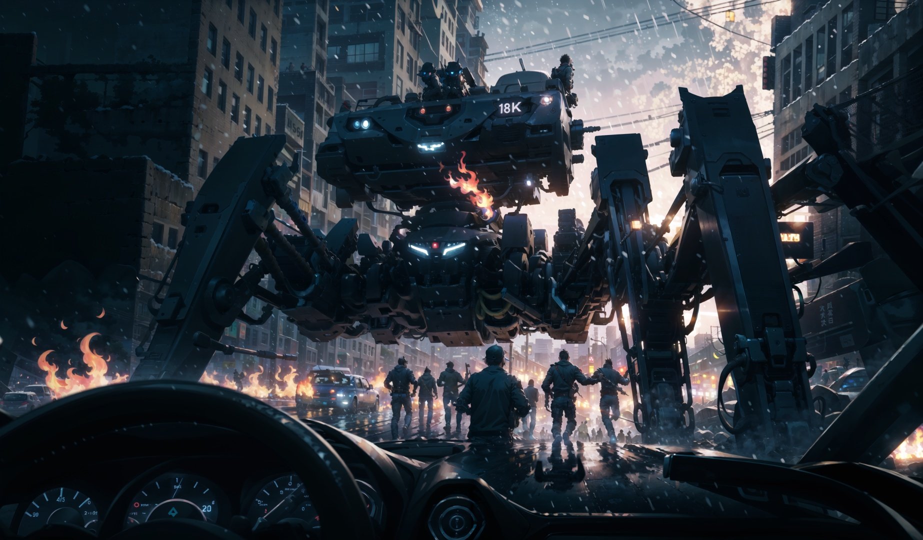 8k wallpaper, masterpiece,Cinematic Lighting, best quality,Illustration,detailed face depiction,dramatic angle,solo,mecha \\\(flegs\\\),  mecha,robot,rain,(birge:1.4),dark,night, outdoors, car, weapon, fire, people,science fiction, snowing, gun, 6+boys, city,