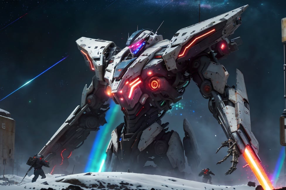 masterpiece, best quality, dramatic angle, ( Holographic, Rainbow, Opal, Vibrant Colors, Colorful), (Halo, Halos, Glowing Eyes, Gradient_Eyes, Glowing Aura, Glowing Energy, Glowing Digital Markings, Glowing Cyber Markings), (professional award-winning cinematic masterpiece), best quality, Symmetrical, Futuristic, sci-fi, aerodynamic, Armored Core, Ammo Belt, Laser, Laser weapon, sleek and slender, floating parts, city_lights, galaxy, giant, glowing, night, night_sky, planet, sky, snow, snowing, space, star_\(sky\), starry_sky, wings, fire, darkness, ((non-humanoid robot)), weapon, gun, cannon, military, mechanical parts, (Cyberpunk:1.3), (Luminescent particle:1.5), ,high saturation,low brightness, Crystal Metal, neon panels, black metal, red metal, with blue metal metallic accents