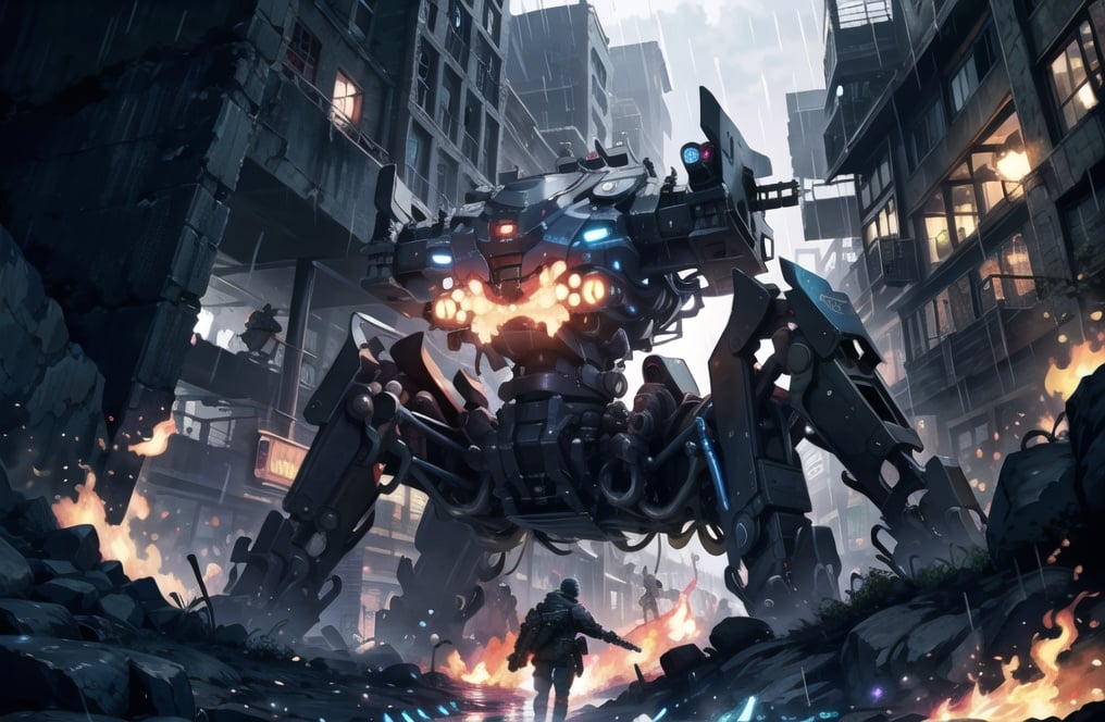 <lora:quadruped mechasV2:1>, 8k wallpaper, masterpiece,Cinematic Lighting, best quality,Illustration,detailed face depiction,dramatic angle,mecha \\\(flegs\\\), mecha,robot, fire, science fiction, rain, weapon, glowing,city,ruins,wars