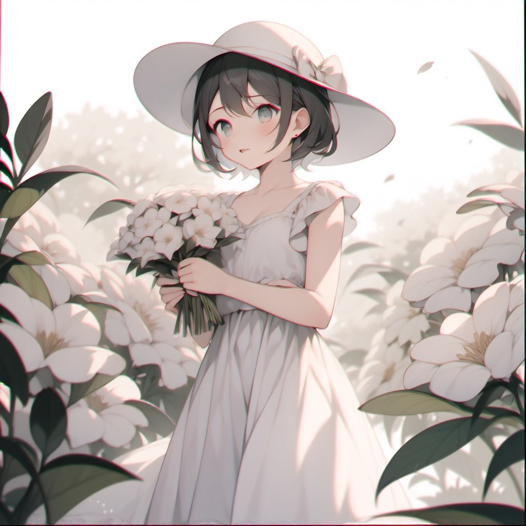 1girl,white dress,white hat,stand,flowers, <lora:ChromaticAberration:1>