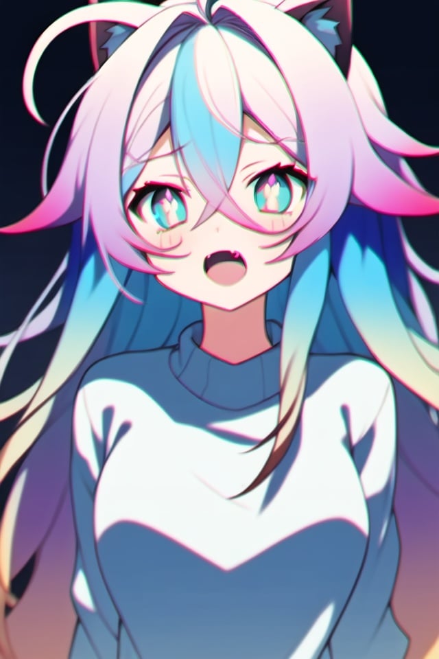 1girl, solo, cat ears, multicolored hair, ((gradient hair), white+(blue)+(pink:0.5) hair//), very long hair, messy hair, bangs, ahoge, ((gradient eyes), pink+light_blue eyes//), slit pupils, glowing eyes, 1fang,:o,white sweater,, masterpiece, best quality, <lora:ChromaticAberration:1>