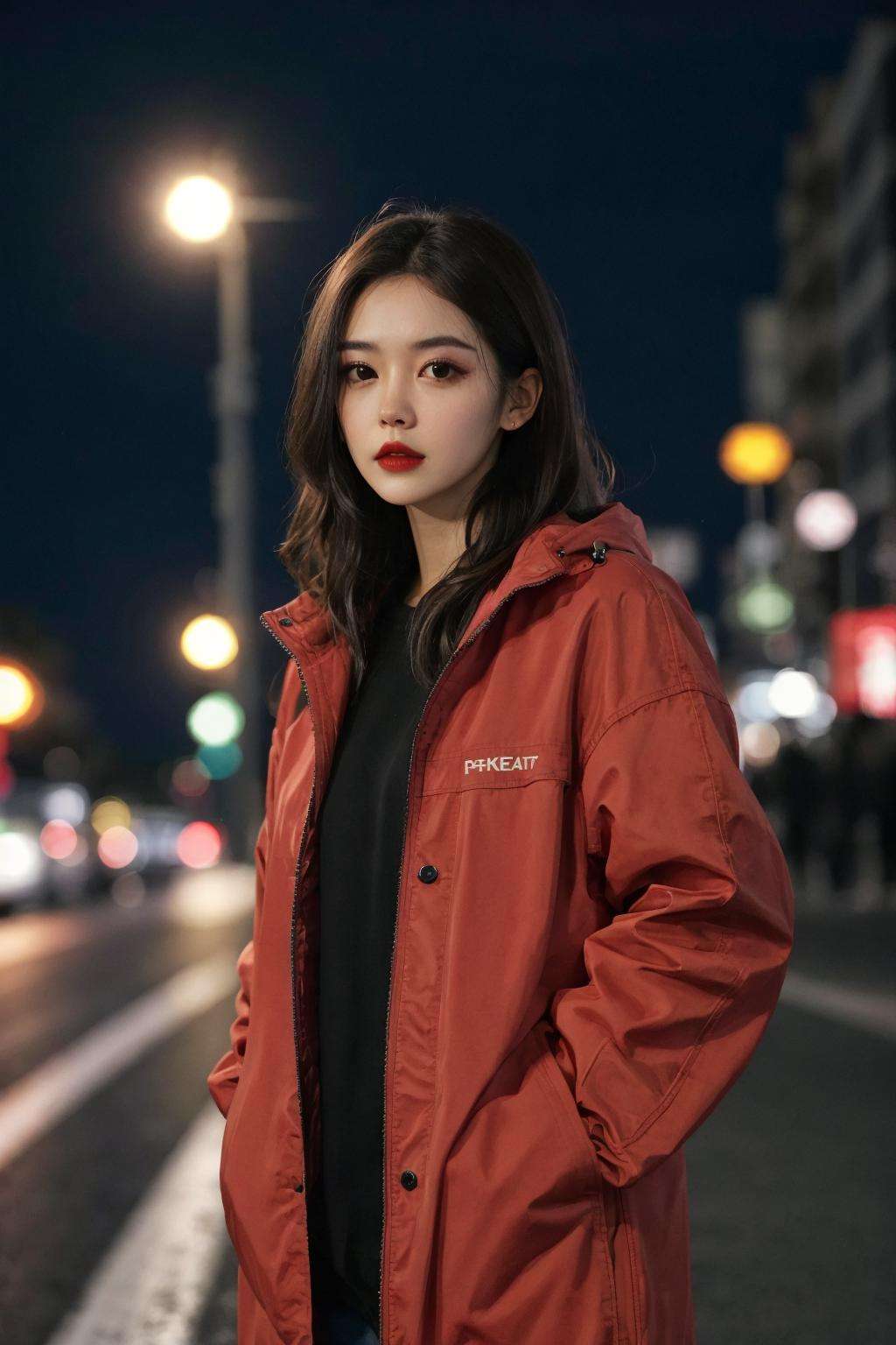 <lora:FilmVelvia2:0.6>, a woman standing on the side of a road at night, 1girl, long hair, motor vehicle, car, looking at viewer, ground vehicle, night, hands in pockets, blurry background, coat, black hair, parted lips, bokeh, jacket, brown hair, outdoors, red lips, upper body, artist name