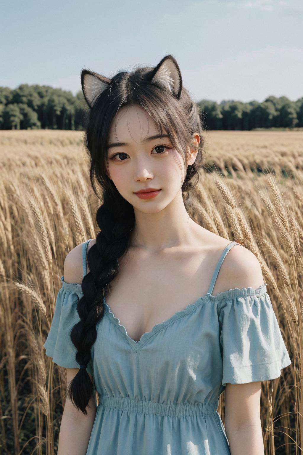 young 1girl with braided hair and fluffy cat ears, dressed in Off-Shoulder Sundress, standing in a rustic farm setting. She has a soft, gentle smile, expressive eyes and sexy cleavage. The background features a charming barn, fields of golden wheat, and a clear blue sky. The composition should be bathed in the warm, golden hour light, with a gentle depth of field and soft bokeh to accentuate the pastoral serenity. Capture the image as if it were taken on an old-school 35mm film for added charm, looking at viewer, <lora:FilmVelvia2:0.6>