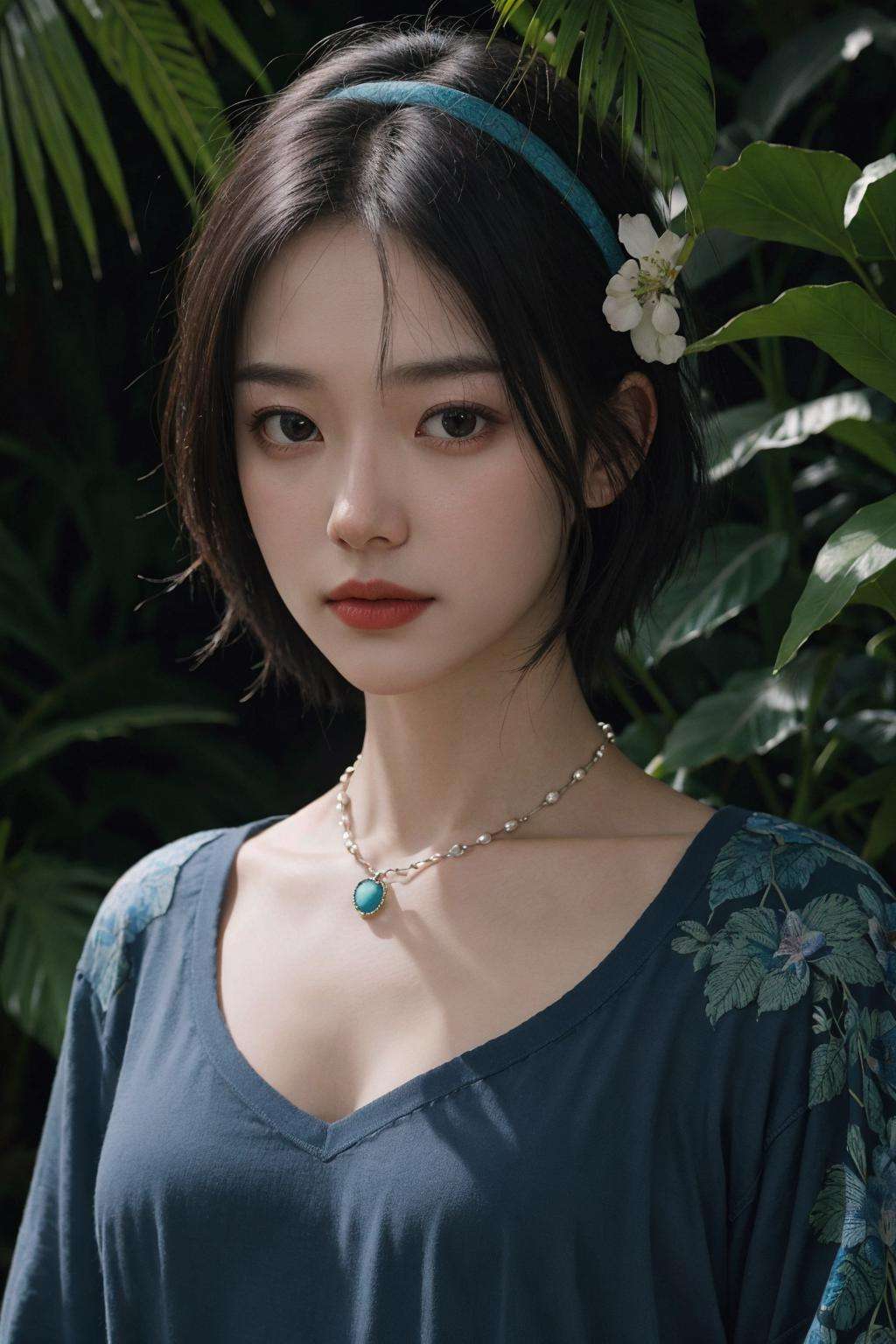 fashion photography portrait of woman avatar, 1girl in blue lush Alien Rainforest with flowers and birds, fantasy, octane render, hdr, Dolby Vision, (intricate details, hyperdetailed:1.2), (natural skin texture, hyperrealism, soft light:1.2), fluffy short hair, , sharp focus, night, necklace, Chinese mythology, cleavage, medium breasts, sci-fi headband, looking at viewer, best quality, perfect body, <lora:FilmVelvia2:0.6>