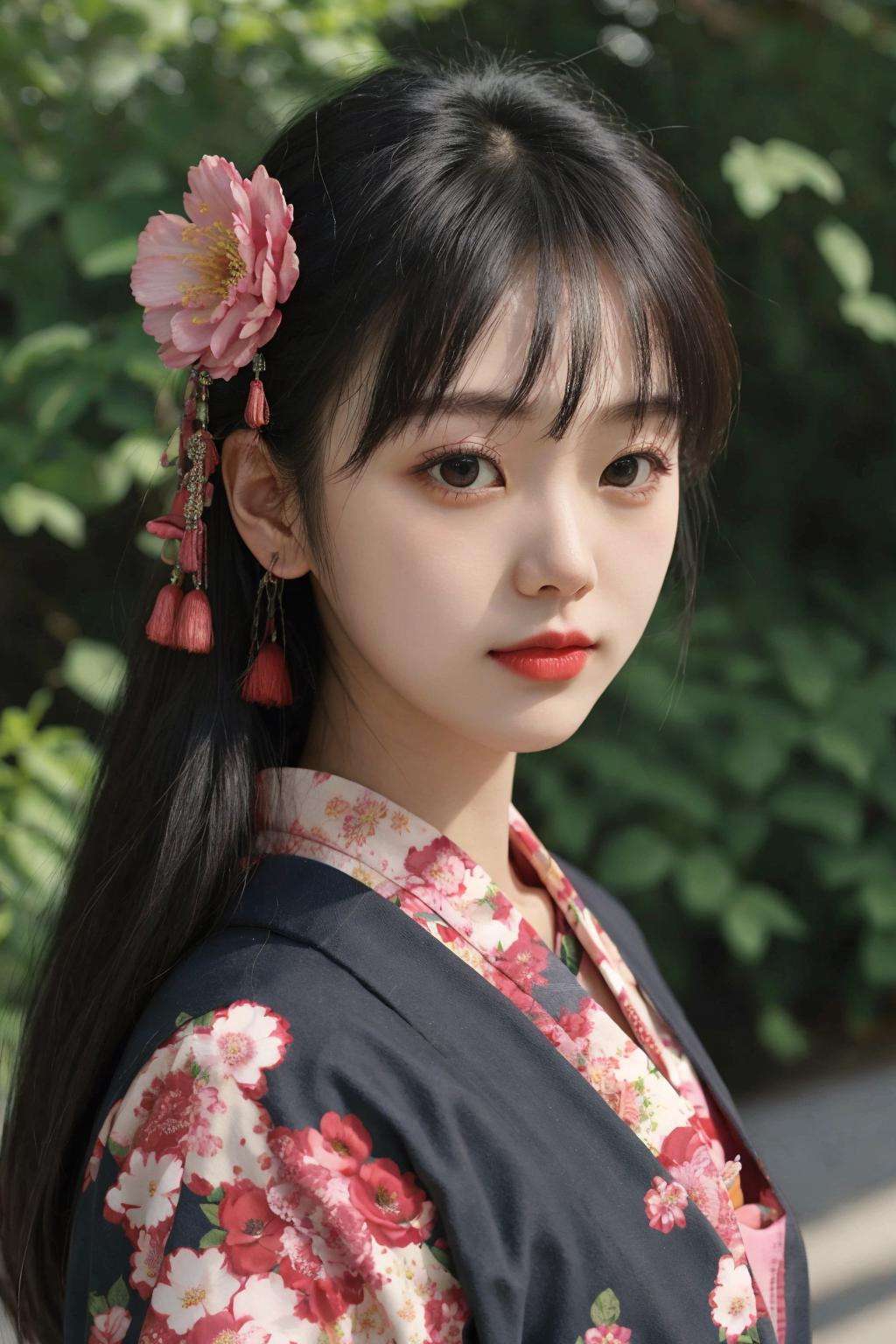 <lora:FilmVelvia2:0.6>, 1girl, solo, outdoor, cute japanese model girl, kimono, floral print, hair ornament, looking at viewer, hair flower, brown eyes, bangs, masterpiece, best quality, realistic