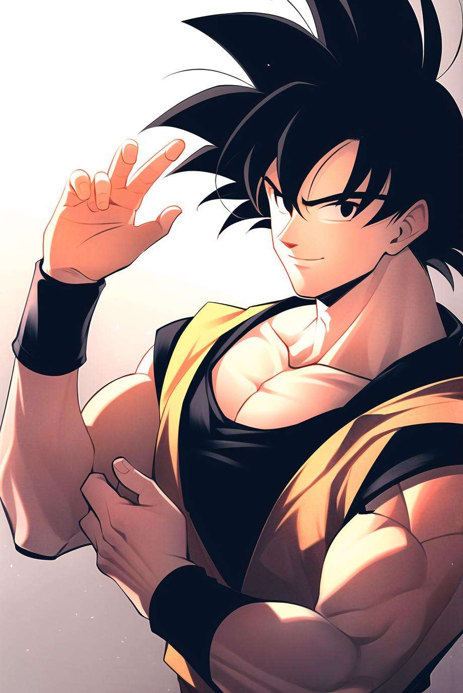 son goku, 1boy, backlighting, black eyes, black hair, blue wristband, closed mouth, dougi, hair strand, hands up, light particles, looking at viewer, male focus, muscular, muscular male, pectorals, smile, solo, spiked hair, upper body, wristband, ((masterpiece)) <lora:son_goku_offset:1>