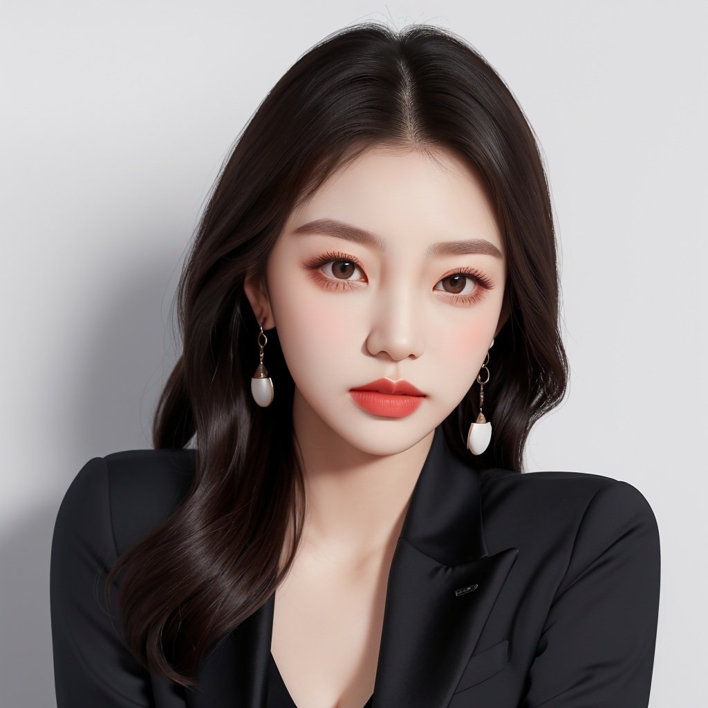 1girl, earrings, solo, jewelry, Real hair，Ladies' suit,grey background, (Skin texture:1.2)，breasts,realistic,Real skin,The body is straight，WDR, <lora:reallora2:1>,( ulzzang-6500:0.8)