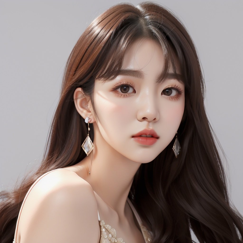 1girl, earrings, solo, jewelry, Real hair，Ladies' suit,grey background, Skin texture，breasts,realistic,Real skin,The body is straight，WDR, <lora:reallora2:1>, (pureerosface_v1:0.8)，( ulzzang-6500:0.8)