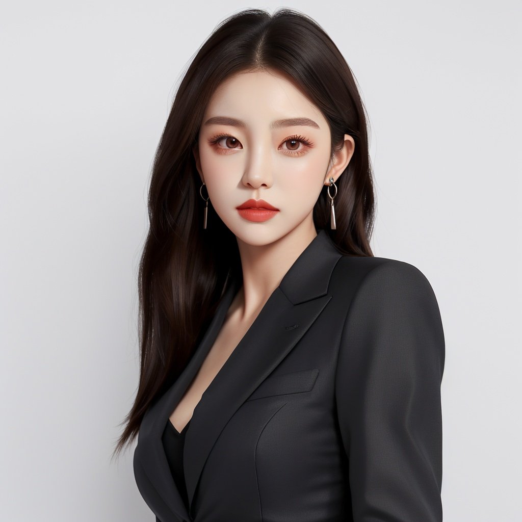 1girl, earrings, solo, jewelry, Real hair，Ladies' suit,grey background, (Skin texture:1.2)，breasts,realistic,Real skin,The body is straight，WDR, <lora:reallora2:1>,( ulzzang-6500:0.8)