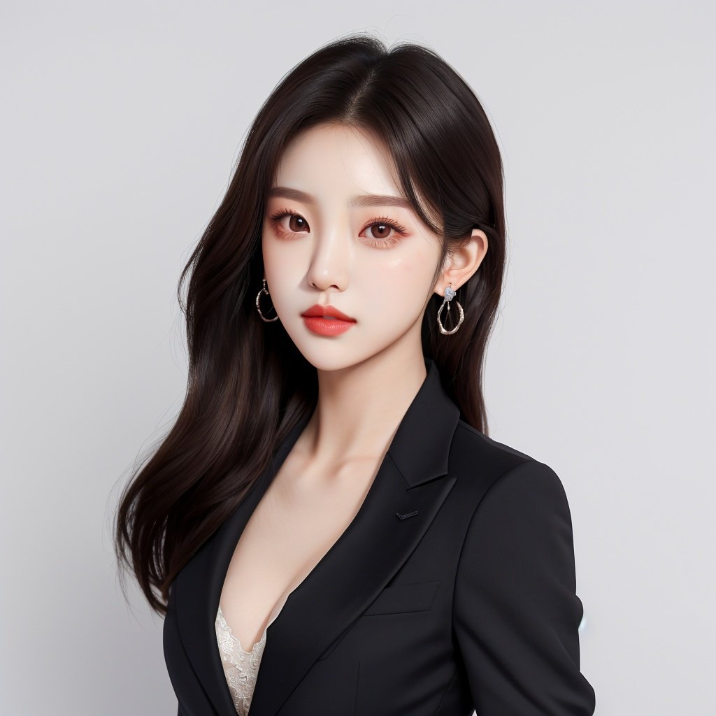 1girl, earrings, solo, jewelry, Real hair，Ladies' suit,grey background, (Skin texture:1.2)，breasts,realistic,Real skin,The body is straight，WDR, <lora:reallora2:1>, (pureerosface_v1:0.8)，( ulzzang-6500:0.8)