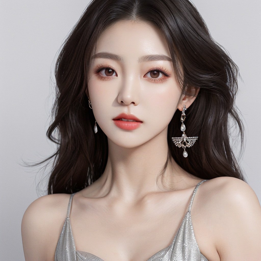 UHD, anatomically correct, textured skin, high details, best quality,1girl, earrings, solo, jewelry, Real hair，Ladies' suit,grey background, (Skin texture:1.2)，breasts,realistic,Real skin,The body is straight，WDR,,( ulzzang-6500:0.8) ，<lora:WDR_realistck:1>