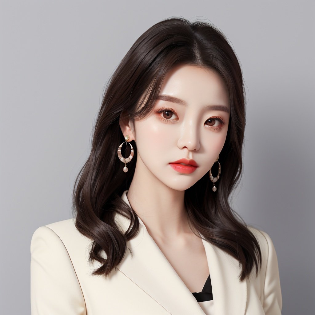 1girl, earrings, solo, jewelry, Real hair，Ladies' suit,grey background, (Skin texture:1.2)，breasts,realistic,Real skin,The body is straight，WDR, <lora:reallora2:1>,( ulzzang-6500:0.8)