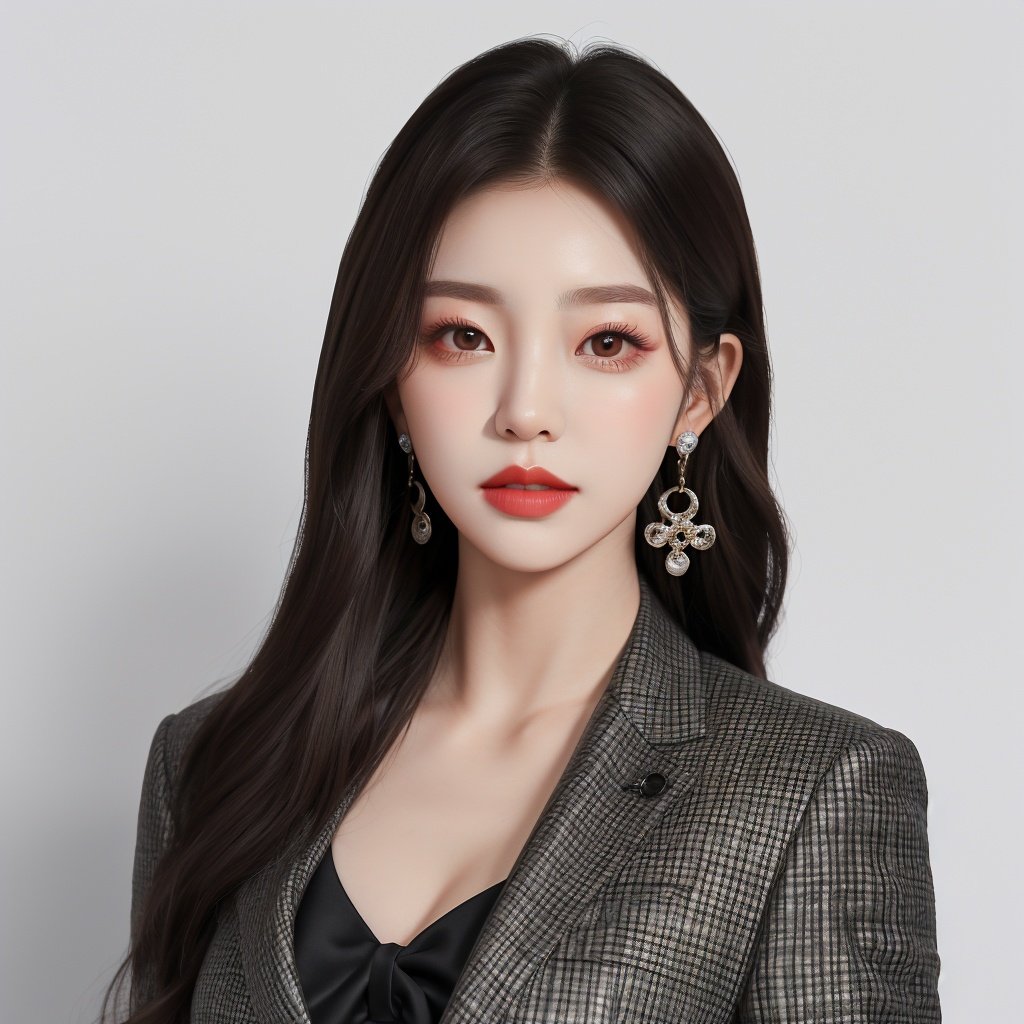 1girl, earrings, solo, jewelry, Real hair，Ladies' suit,grey background, (Skin texture:1.2)，breasts,realistic,Real skin,The body is straight，WDR, <lora:reallora2:1>,( ulzzang-6500:0.8)