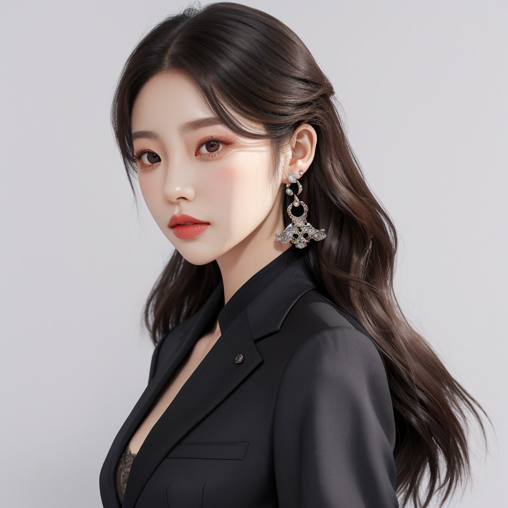 1girl, earrings, solo, jewelry, Real hair，Ladies' suit,grey background, (Skin texture:1.2)，breasts,realistic,Real skin,The body is straight，WDR, <lora:reallora2:1>,( ulzzang-6500:0.8)