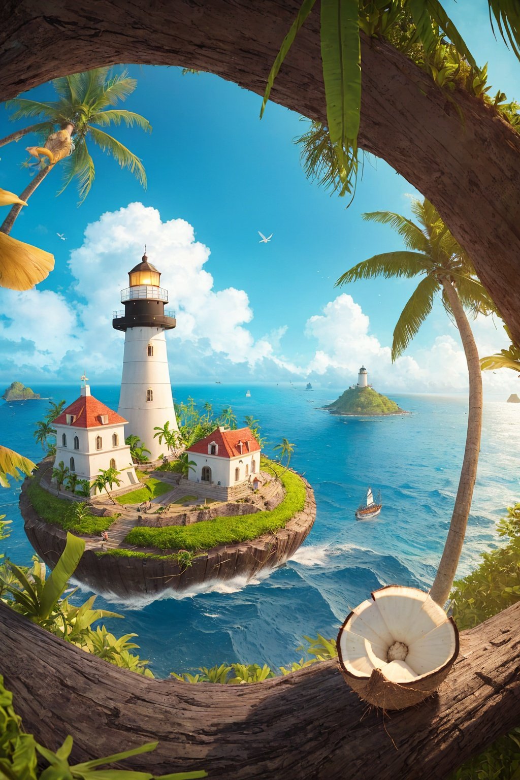 mprompt:Islands, lighthouses, pirate ships, coconut trees, waves, islands, reefs, grasses, fruits, rainforests，Large perspective, elevated view,(Wide Angle:1.3，masterpiece,best quality.Amazing,atmosphere,epic,3d,8k，depth of field, <lora:VIEW_02:1>