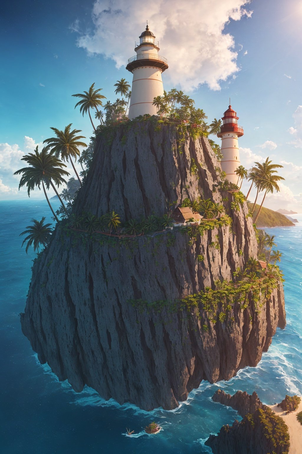 mprompt:Islands, lighthouses, pirate ships, coconut trees, waves, islands, reefs, grasses, fruits, rainforests，Large perspective, elevated view,(Wide Angle:1.3，masterpiece,best quality.Amazing,atmosphere,epic,3d,8k，depth of field, <lora:VIEW_02:1>