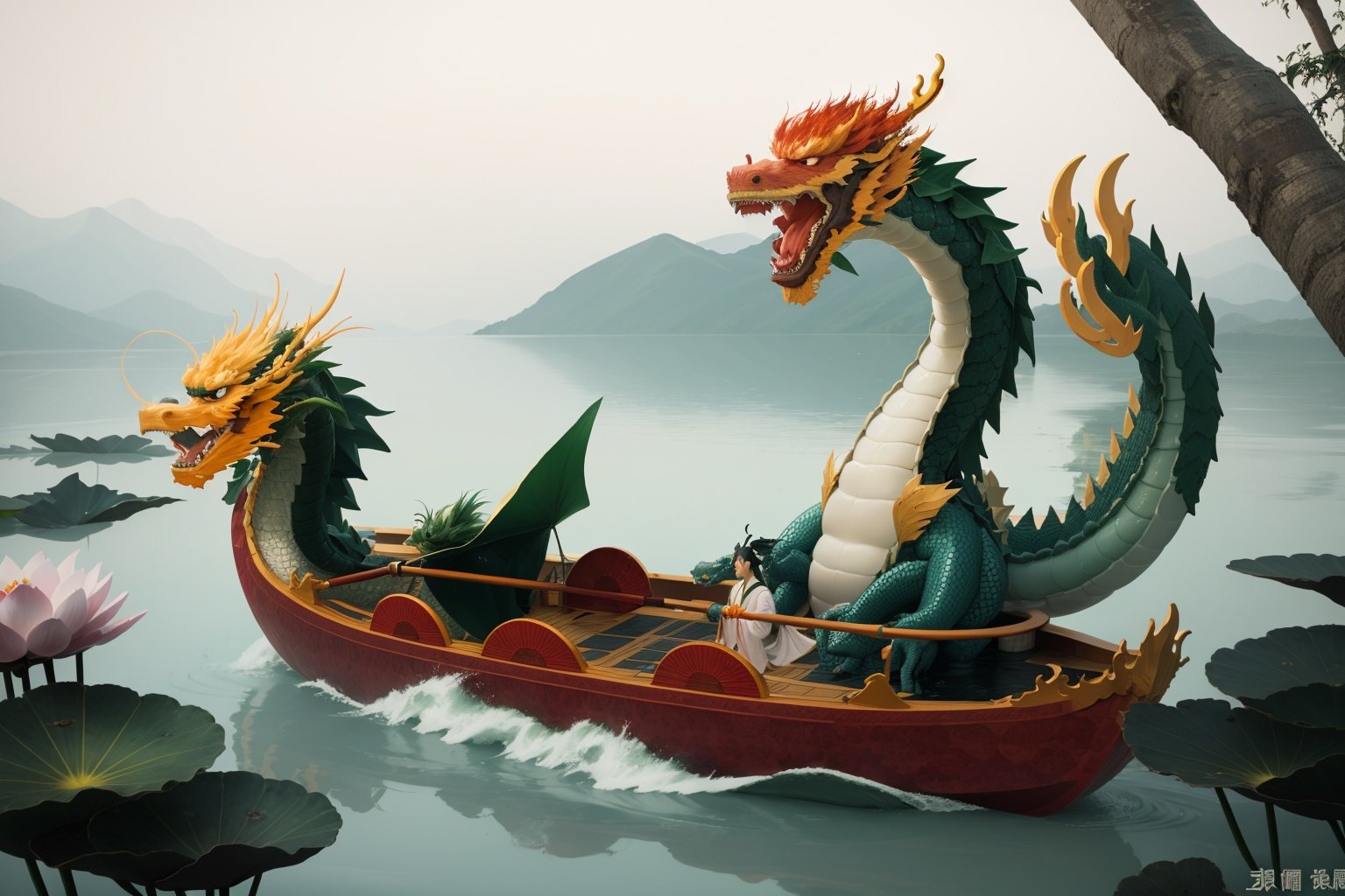 longzhou <lora:longzhou:0.6>water,Boat,Dragon,Chinese Dragon,lotus leaf,