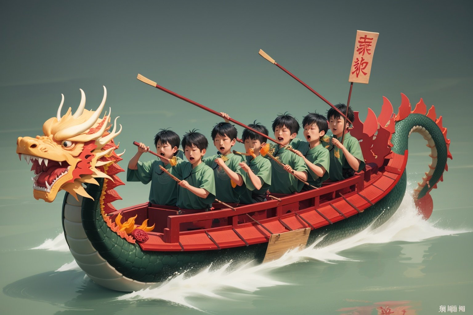 longzhou <lora:longzhou:0.6>water,Zongzi,Boat,Dragon,Chinese Dragon,6+boys,Drum,