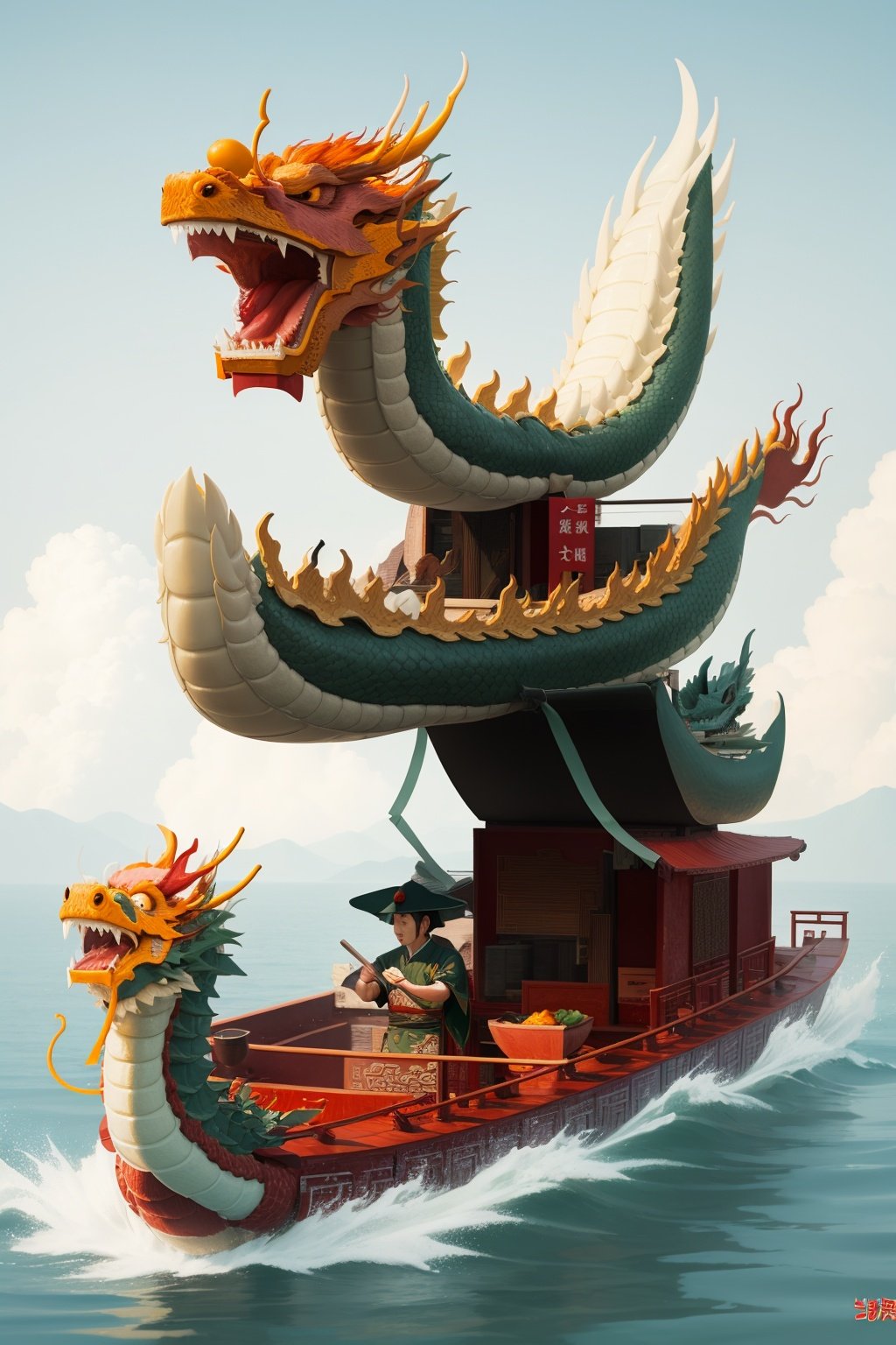 longzhou <lora:longzhou:0.6>water,Zongzi,Boat,Dragon,Chinese Dragon,