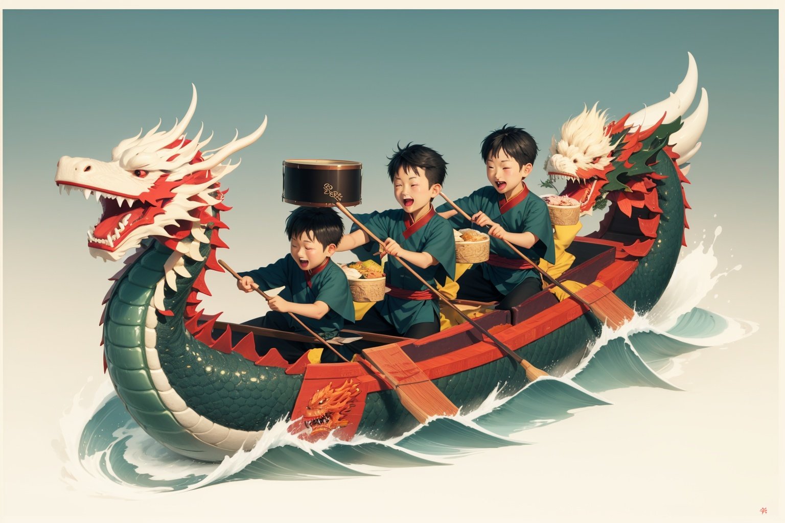 longzhou <lora:longzhou:0.6>water,Zongzi,Boat,Dragon,Chinese Dragon,6+boys,Drum,