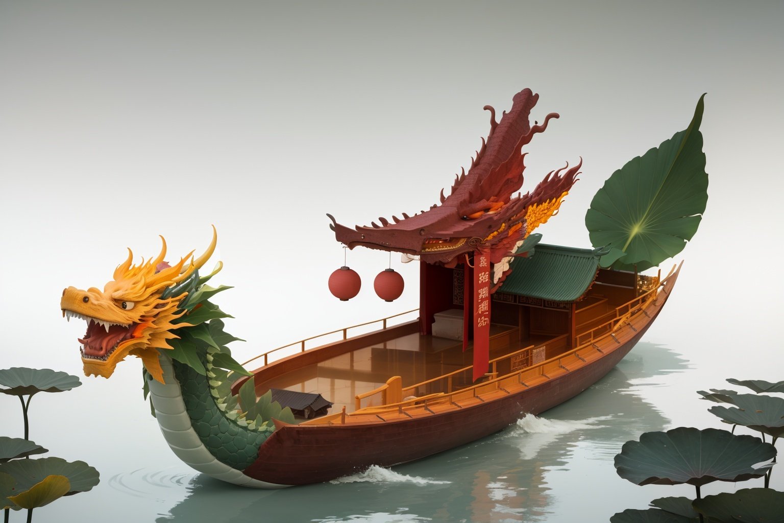 longzhou <lora:longzhou:0.6>water,Boat,Dragon,Chinese Dragon,lotus leaf,