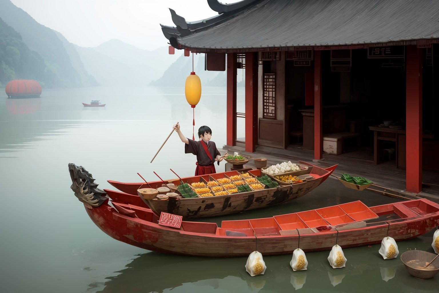 longzhou <lora:longzhou:0.6>water,Zongzi,Boat,