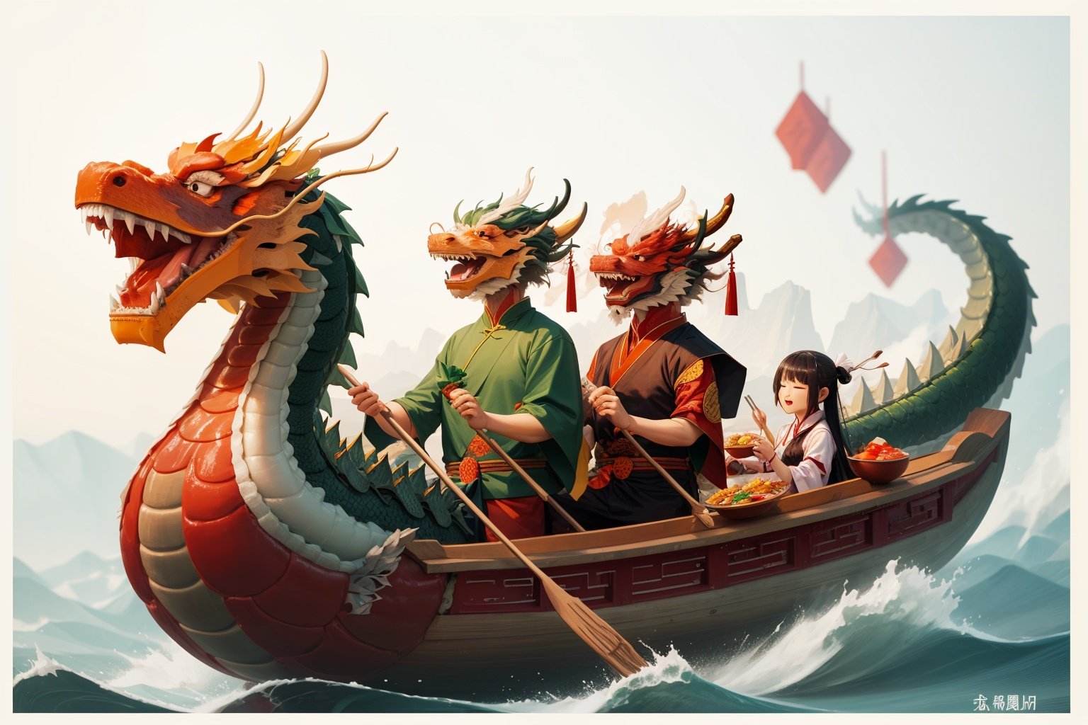 longzhou <lora:longzhou:0.6>water,Zongzi,Boat,Dragon,Chinese Dragon,