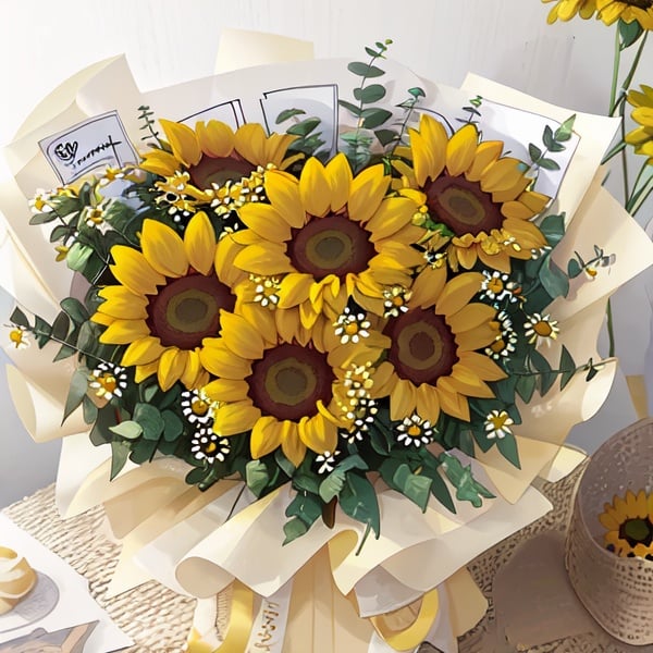 bouquet,yellow rose,pyrethrum parthenium,sunflower,eucalyptus,yellow packing ,eucalyptus, <lora:TS_Bouquet_V14:1>