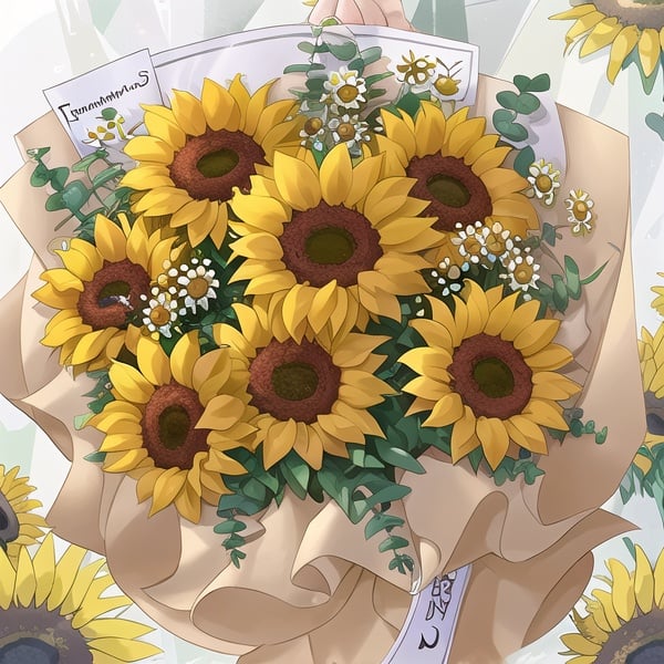 bouquet,yellow rose,pyrethrum parthenium,sunflower,eucalyptus,yellow packing ,eucalyptus, <lora:TS_Bouquet_V14:1>