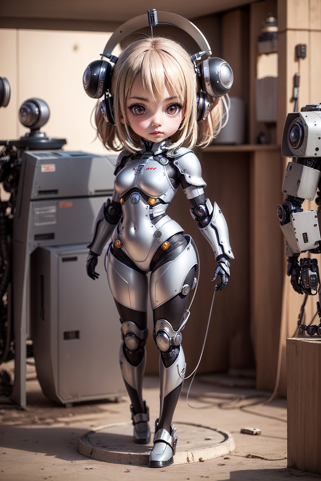 best quality,masterpiece,(photorealistic:1.4),1girl,(chibi:1.2),full_body,mecha,robot,armor,bodysuit,science fiction,armor,<lora:jijiamanghe:1>,