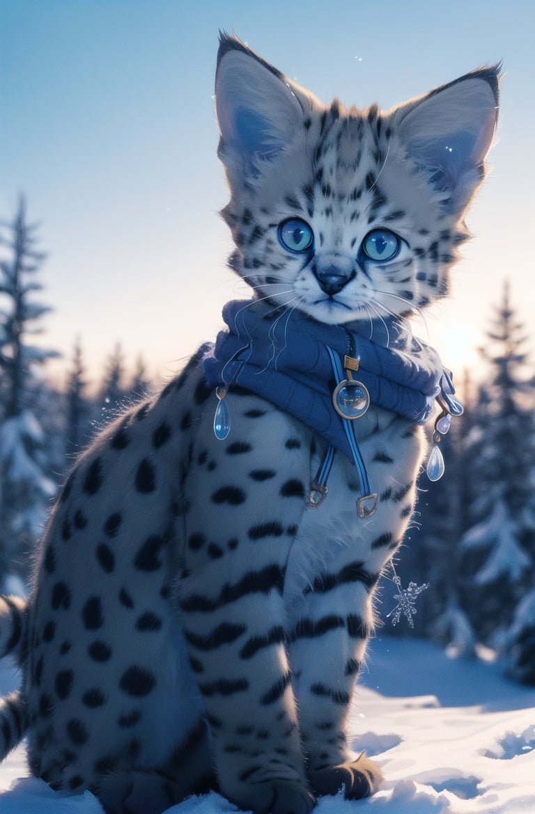 masterpiece, best quality,highres,perfect lighting,4k,blue sky,forest,winter,sharp focus,snow,cinema anglesoumao,servalcat,(kitten:1.3) <lora:servalcat:0.75>