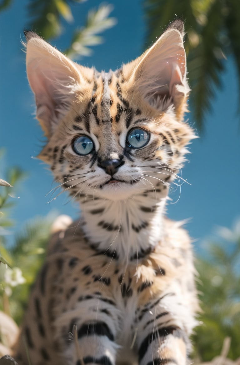 masterpiece, best quality,highres,perfect lighting,4k,hdr,blue sky,forest,summersoumao,servalcat,(kitten:1.3),big eyes,looking at viewer,  <lora:servalcat:0.7>