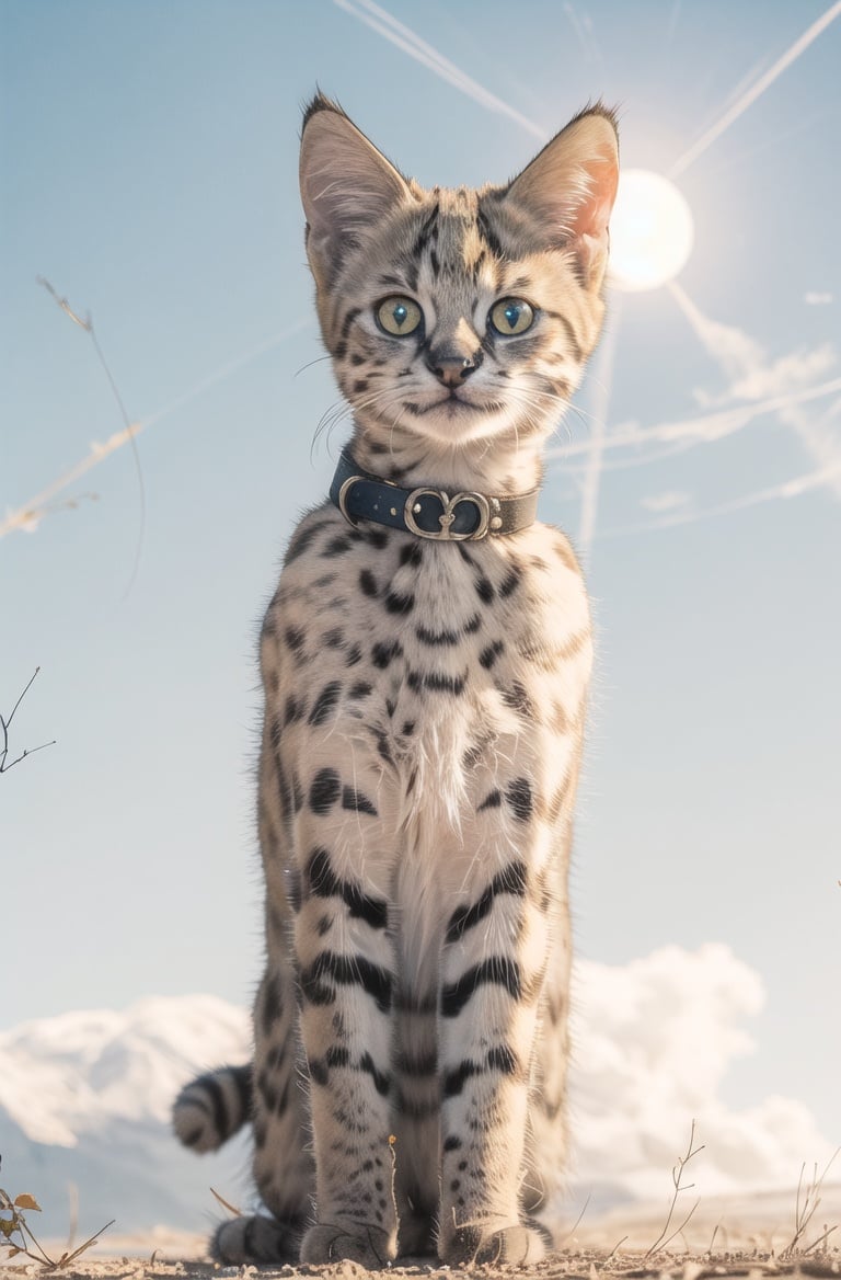 (masterpiece, best quality:1.3),highres,perfect lighting,4k,summer,big eyes,outdoors,africa,day light,blue sky,solo,(kitten:1.2)sharp focus,soumao,servalcat<lora:servalcat:0.5>  