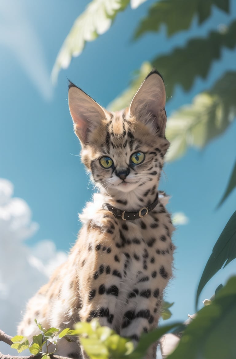 masterpiece, best quality,highres,perfect lighting,4k,hdr,blue sky,forest,summer,day lightsoumao,servalcat,(kitten:1.3) <lora:servalcat:0.65>