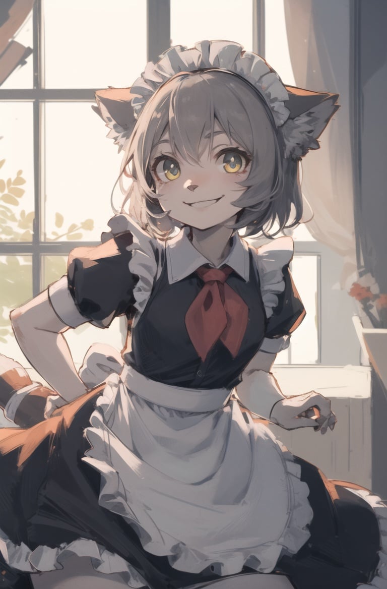 (masterpiece, best quality:1.3),highres,perfect lighting,4k,big eyestusun,pallasscat,manul,manulcat,smile,(kitten:1.2),red neckchief,looking at viewer, <lora:Manul:0.7> <hypernet:furry_kemono:0.5>,maid dress,grey hair