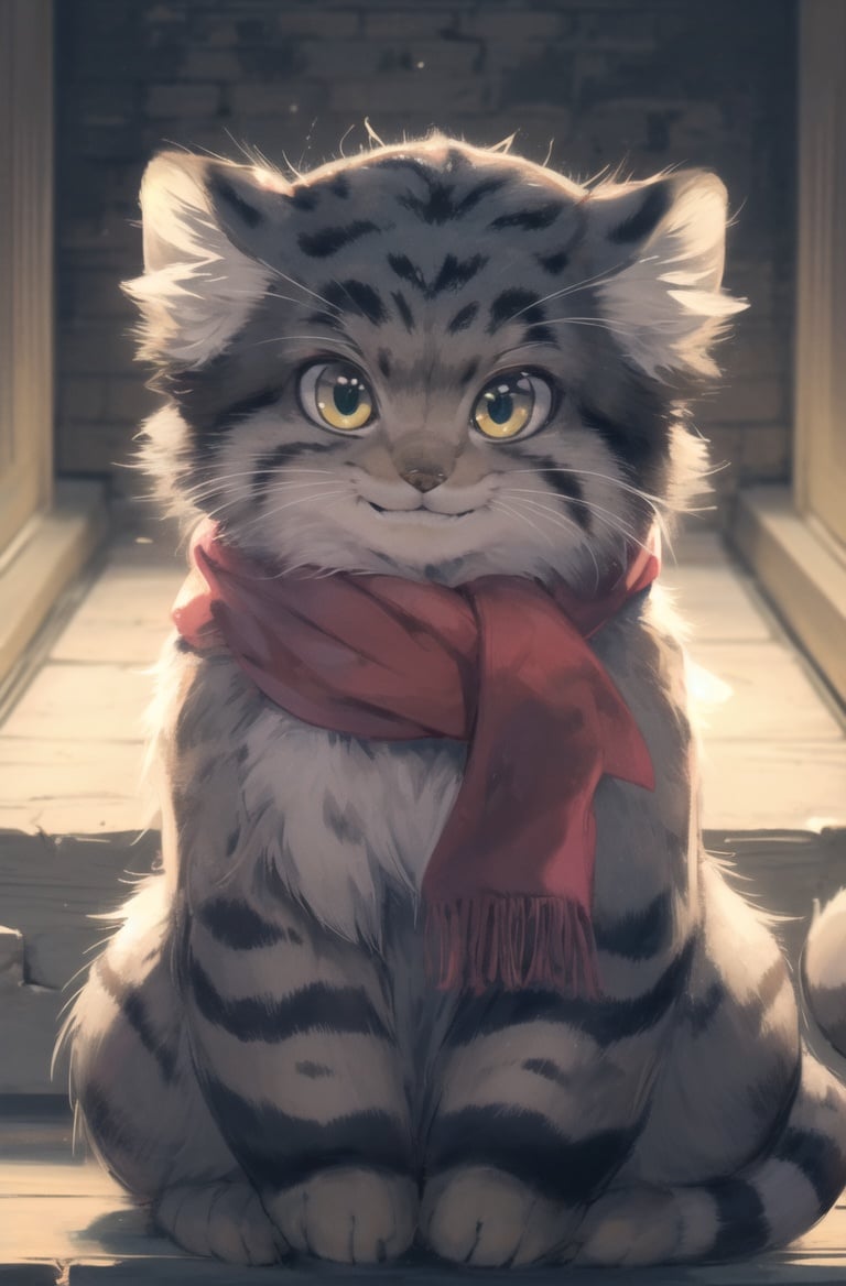 (masterpiece, best quality:1.3),highres,perfect lighting,4k,big eyestusun,pallasscat,manul,manulcat,smile,(kitten:1.2),red scarf,looking at viewer, <lora:Manul:0.8>