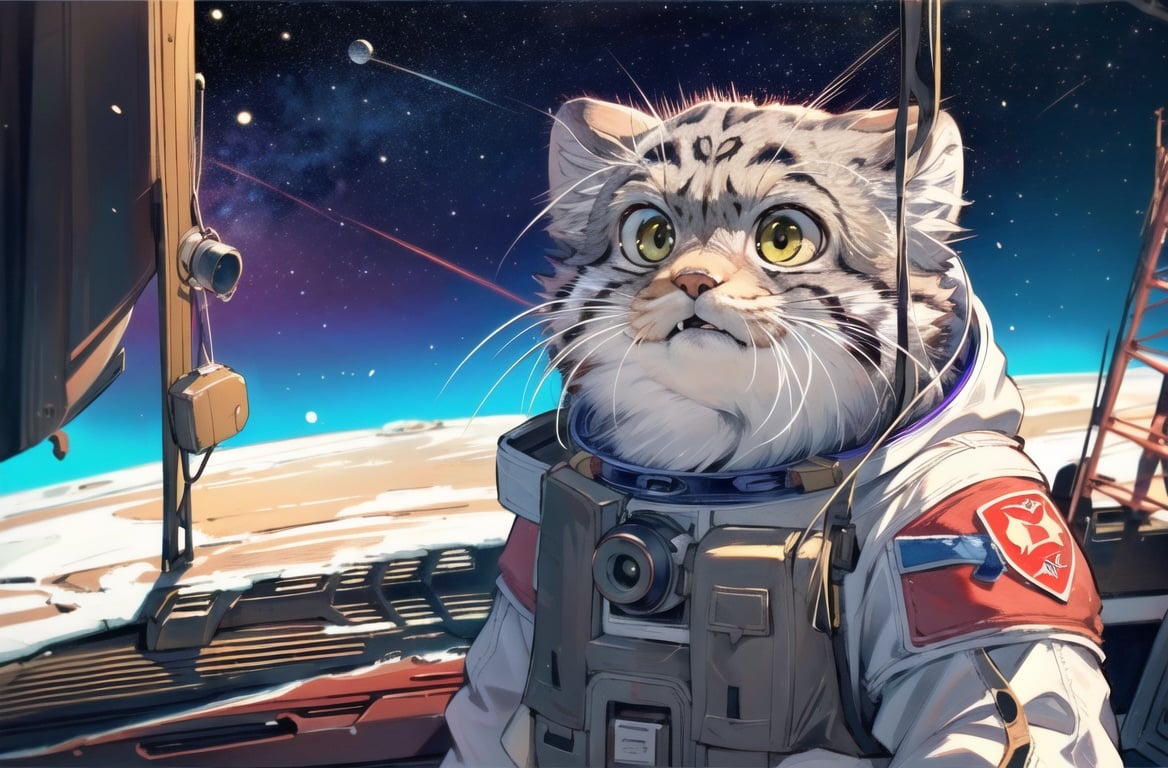 masterpiece,hires, solo,cowboy shotmanul,manulcat,pallascat,tusun,kittenspace,astronaut,sci-fic,retro,communist,(soviet Propaganda of communist ideology：1.1), <lora:Manul:0.8>