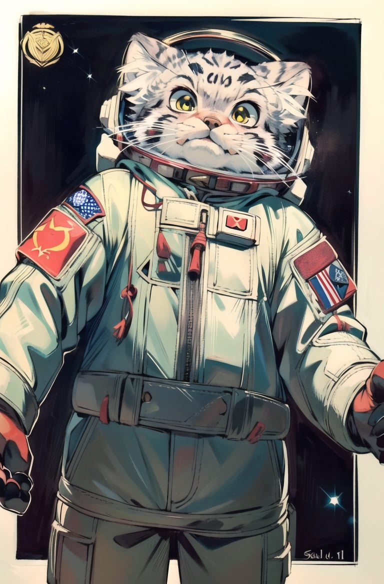 masterpiece,hires, solo,cowboy shotmanul,manulcat,pallascat,tusun,kittenspace,astronaut,sci-fic,retro,communist,(soviet Propaganda of communist ideology：1.1), <lora:Manul:0.7>