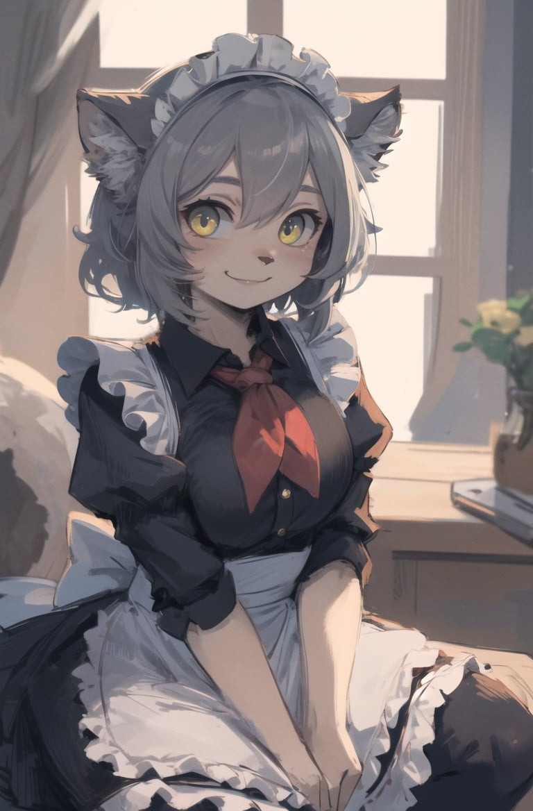 (masterpiece, best quality:1.3),highres,perfect lighting,4k,big eyestusun,pallasscat,manul,manulcat,smile,(kitten:1.2),red neckchief,looking at viewer, <lora:Manul:0.7> <hypernet:furry_kemono:0.5>,maid dress,grey hair