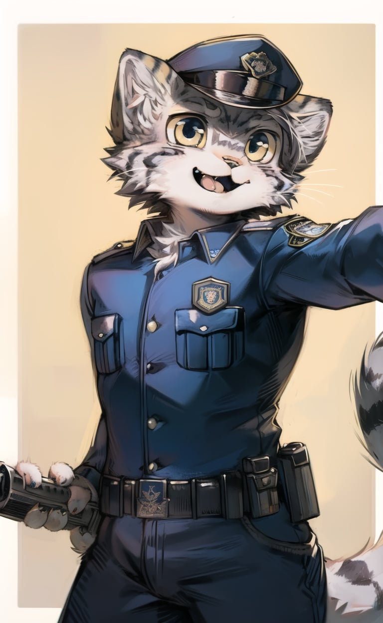 masterpiece,hires, solo,manul,manulcat,tusun,pallascat,kitten,cowboy shot,paws,holding gun,Dynamic posture,chibi,adorablefurry,fur, western police uniform,sci-fic,retro,(Propaganda of  ideology ：1.1), <lora:Manul:0.9>