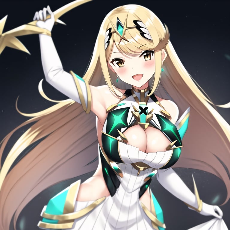 1girl, breasts, blonde hair, long hair, large breasts, solo, mythra (xenoblade), cleavage, yellow eyes, smile, looking at viewer, bare shoulders, dress, open mouth, jewelry, earrings, tiara, bangs, blush, white dress, gloves, cleavage cutout, thighs, :d, clothing cutout, chest jewel, very long hair, swept bangs, headpiece, armor