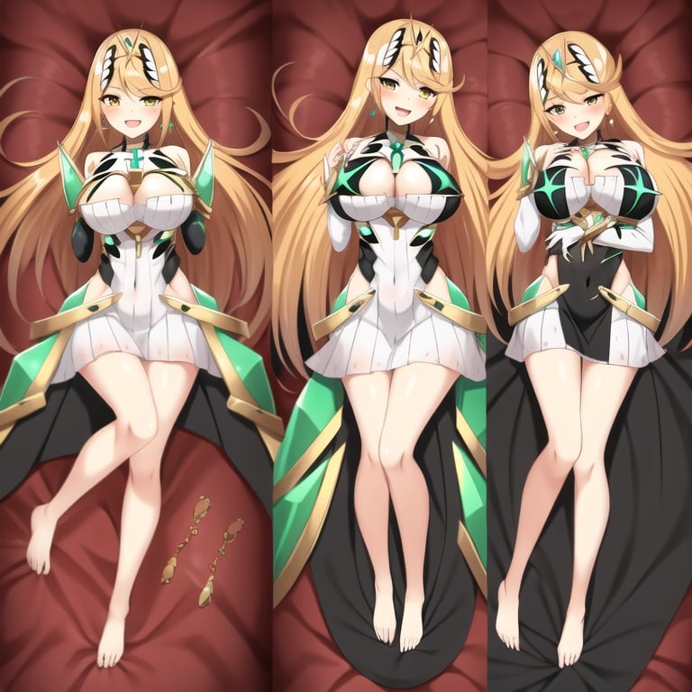 1girl, breasts, blonde hair, long hair, large breasts, dakimakura (medium), mythra (xenoblade), dress, cleavage, yellow eyes, smile, multiple views, jewelry, bangs, barefoot, open mouth, white dress, looking at viewer, tiara, very long hair, bare shoulders, full body, :d, blush, lying, bare legs, swept bangs, on back, bed sheet, earrings, black dress, chest jewel, gem, covered navel