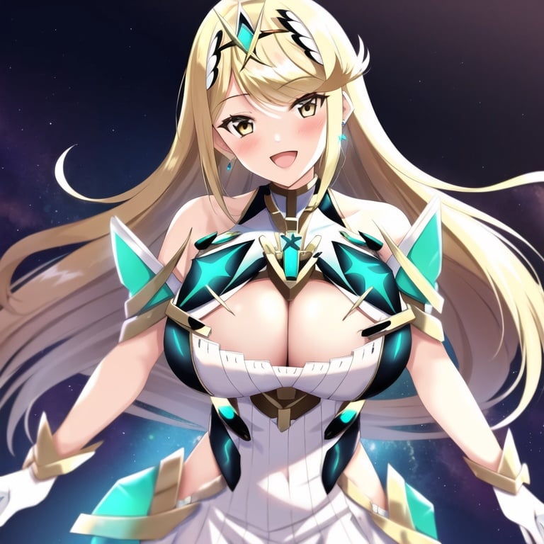 1girl, breasts, blonde hair, long hair, large breasts, solo, mythra (xenoblade), cleavage, yellow eyes, smile, looking at viewer, bare shoulders, dress, open mouth, jewelry, earrings, tiara, bangs, blush, white dress, gloves, cleavage cutout, thighs, :d, clothing cutout, chest jewel, very long hair, swept bangs, headpiece, armor